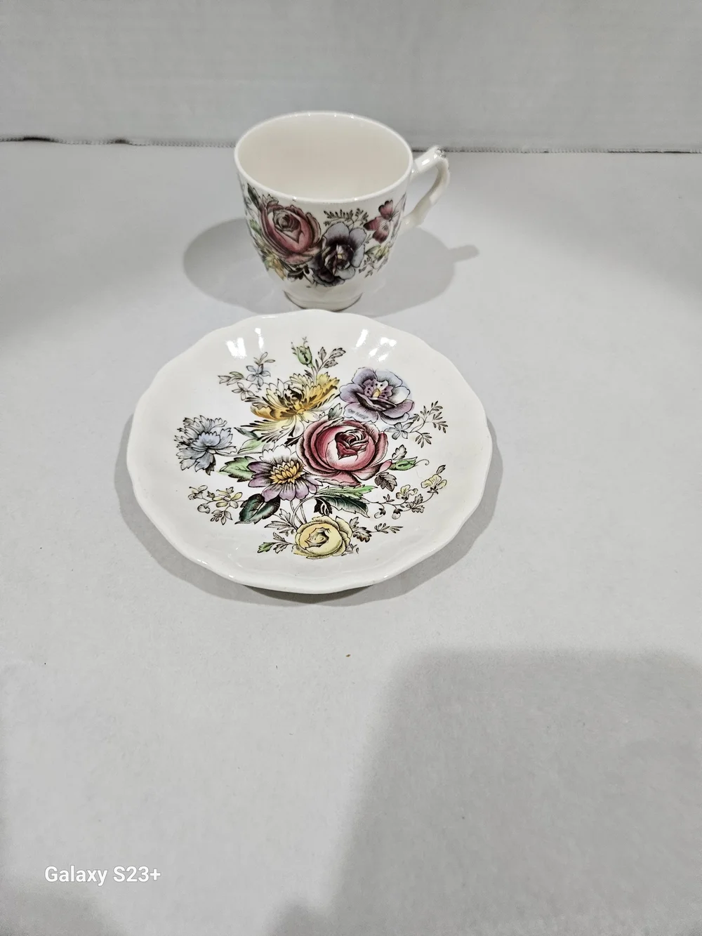 Johnson Brothers Floral Teacup and Saucer - Pink, Purple, Yellow